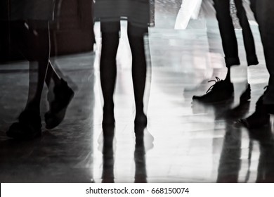 Silhouette And Reflection Of Walking And Standing People, Abstract Concept For Street Life And Street Photography 