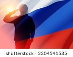 Silhouette of russian soldier in uniforms on background of the Russian flag. Military recruitment concept. 3d rendering.