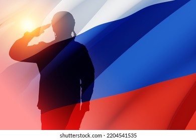 Silhouette Of Russian Soldier In Uniforms On Background Of The Russian Flag. Military Recruitment Concept. 3d Rendering.