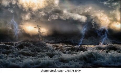 Silhouette Of Sailing Old Ship In Stormy Sea With Lightning Bolts And Amazing Waves And Dramatic Sky. Collage In The Style Of Marine Painters.