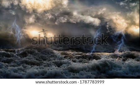 Silhouette of sailing old ship in stormy sea with lightning bolts and amazing waves and dramatic sky. Collage in the style of marine painters.
