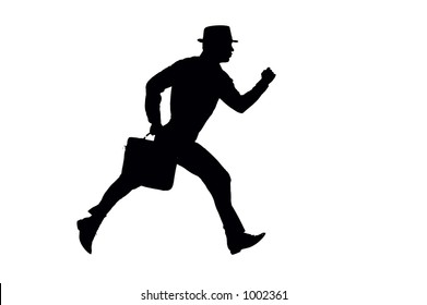 Silhouette Of A Salesman In Business Suit And A Fedora Running With A Briefcase  Clipping Path Included