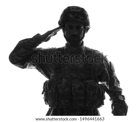 Silhouette of saluting soldier on white background