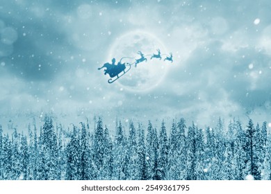 Silhouette of Santa Claus in a sleigh with reindeer against the background of a full moon. Santa flies over a winter snowy forest. Merry Christmas and Happy New Year. - Powered by Shutterstock