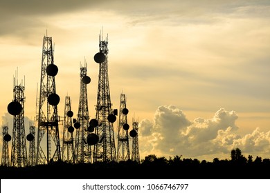 Silhouette Satellite Dish Telecom Network At Sunset Communication Technology Network