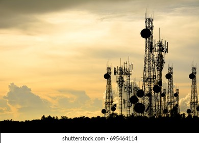 Silhouette Satellite Dish Telecom Network At Sunset Communication Technology Network