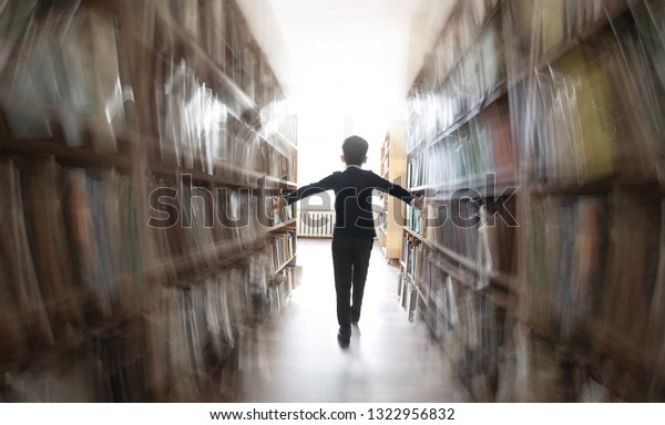 Silhouette Schoolboy Boy Happily Walking Among Stock Photo (Edit Now