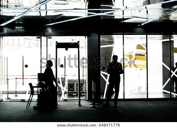 Silhouette Security Guard On Scanner Entrance Stock Photo