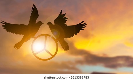 Silhouette shot of a couple pigeon holding peace symbol leaf flying out over sunset time computer graphic flare light blurred background, peace and freedom concept, copy space for individual text