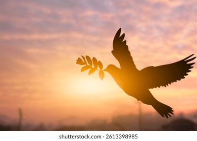 Silhouette shot of a pigeon holding tree leaf flying out over sunset time flare light blurred background, peace and freedom concept, copy space for individual text