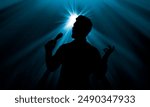 Silhouette of singer on stage in spotlight. Banner design