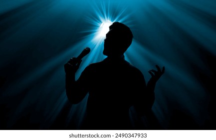 Silhouette of singer on stage in spotlight. Banner design - Powered by Shutterstock