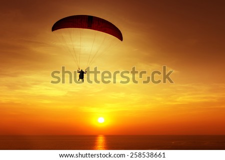 Silhouette of skydiver flies on background of sunset sky and sea