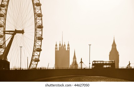 Silhouette Skyline Of The London Eye, Big Ben, Westminster And London Bus.