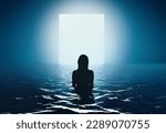 Silhouette of slim woman standing in ocean at night and moving to unknown white glowing space. Abstract design for wallpaper, background and banner. New world. Fantasy and futurism