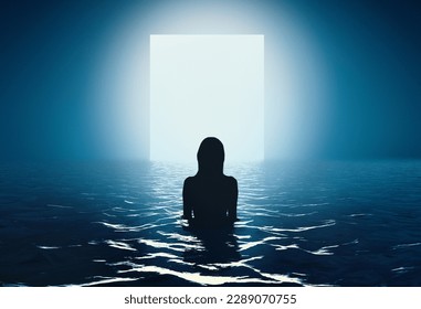 Silhouette of slim woman standing in ocean at night and moving to unknown white glowing space. Abstract design for wallpaper, background and banner. New world. Fantasy and futurism - Powered by Shutterstock