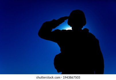Silhouette of soldier in combat helmet and ammunition saluting on background of sunset sky. Army special forces fighter, Marines rifleman showing respect, greeting officer with salute gesture