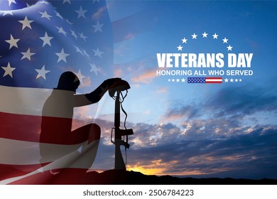 Silhouette of a soldier kneeling down with USA flag against the sunset. Veterans Day. Honoring All Who Served - Powered by Shutterstock