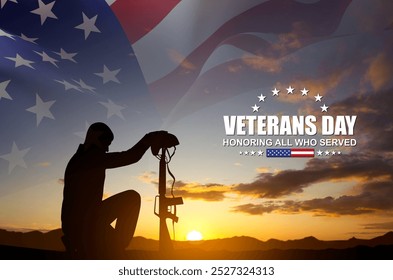 Silhouette of a soldier kneeling down with USA flag against the sunset. Veterans Day. Honoring All Who Served - Powered by Shutterstock