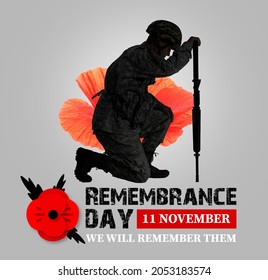 Silhouette of soldier mourning for his dead comrade on grey background. Remembrance Day in Canada