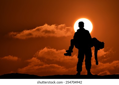 Silhouette Of A Soldier Officer Man Holding On Hands Girl Woman