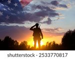 Silhouette of a soldier with USA flag against the sunset. Veterans Day, Memorial Day concept