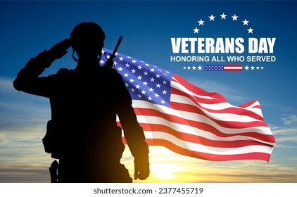 Silhouette of soldier with USA flag against the sunset. Greeting card for Veterans Day, Memorial Day, Independence Day - Powered by Shutterstock