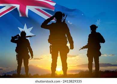 Silhouette of Soldiers with Australian flag on background of sunset. Concept - Armed Force - Powered by Shutterstock