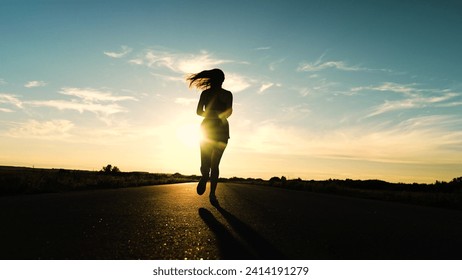 silhouette sports girl running along road sunset, woman running treadmill. healthy woman running treadmill, stretching body, american woman running along road, young arabic female athlete, exercise