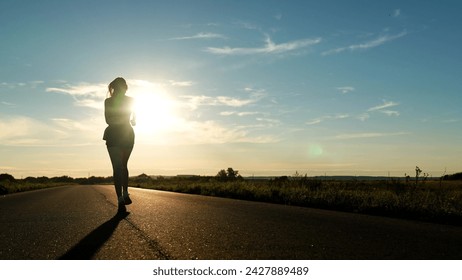 silhouette sports girl running along road sunset, treadmill sunset, female power, confident strong, woman runner running sunlight, mountain trail running, joggers park, challenging yourself, running