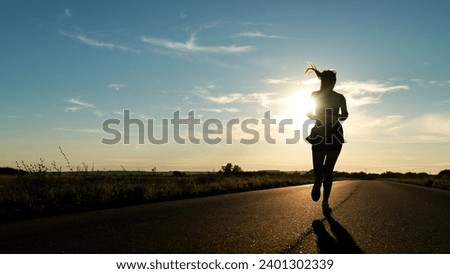 silhouette sports girl running along road sunset, american woman running along road, urban marathon runner crossing finish line, confident motivated beautiful sportswoman, athletic woman running on