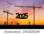 Silhouette staff works as a to prepare to welcome the new year 2025. Large construction site, many construction cranes set vector numbers 2025. Construction team sets numbers for New Year 2025