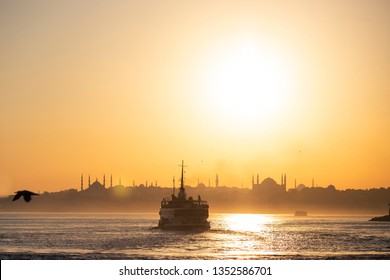 Silhouette of a Streamboat when sunset time at Istanbul Kadikoy