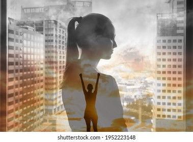 Silhouette Of Strong Successful Business Woman. Mental Strength, Determination, And People Power, Positive Thinking Concept. Double Exposure. 