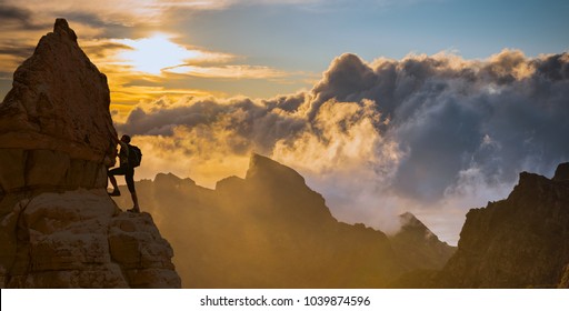 Silhouette Of Successful Climbing Woman In Mountains Concept Of Concept Of Motion Motivation Inspiration At Beautiful Sunset