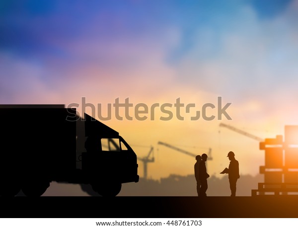 Silhouette supervisors meeting, understanding\
and planning of traffic sent to clients to meet plan targets over\
blurred pastel background sunset  shipping. Heavy industry and\
Transportation\
concept.