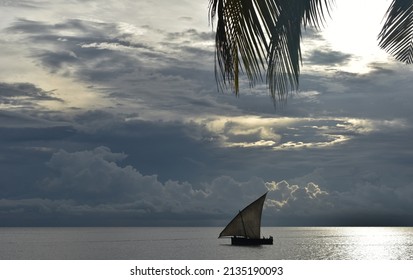 Silhouette Of Swahili Dhow Sail Boat At Sunset