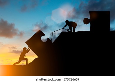 Silhouette Team Business Helps To Systematically Patience Hard Work And The Pressure To Reach The Finish Line Motivate Employee Growth Concept Jigsaw Over Blurred Natural