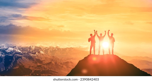 Silhouette Team of climbers man on mountain top. successful teamwork in business. Business Collaboration Colleague Occupation Partnership Teamwork concept - Powered by Shutterstock