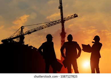 Silhouette Engineers Looking Building Sunset Time Stock Photo (Edit Now ...