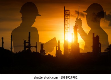 Silhouette Of Team Engineer Working At Petrochemical Oil Refinery In Sunset