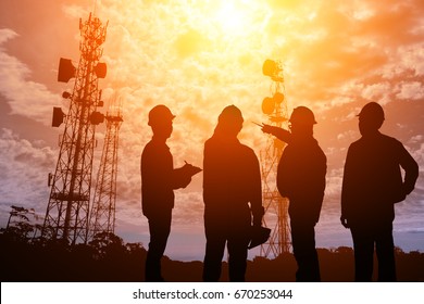 Silhouette Teams Engineer Looking Telecommunication Mast Television Antennas On Sunlight