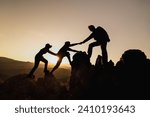 silhouette of Teamwork of three  hiker helping each other on top of mountain climbing team. Teamwork friendship hiking help each other trust assistance silhouette in mountains, sunrise. 