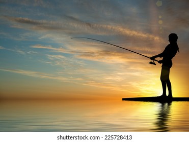 Silhouette Teenager Girl Fishing Sunset Stock Photo 225728413 ...