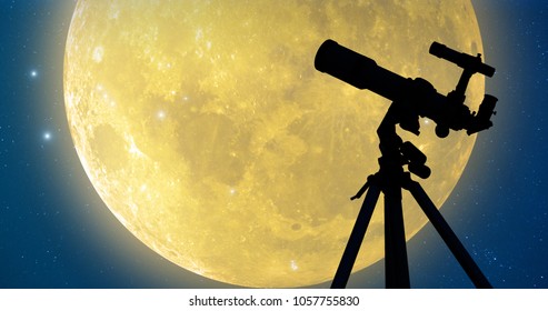 Silhouette Of A Telescope With Full Moon And Stars. My Astronomy Work.