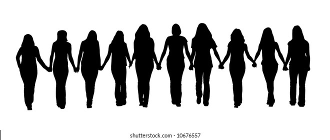 Silhouette of ten young women, walking hand in hand.