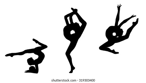 silhouette three flexible young gymnasts doing exercises isolated on a white background,three woman black and white