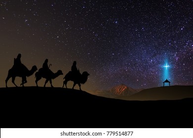 Silhouette Of Three Wise Men Riding A Camel Along The Star Path. To Meet Jesus At First Birth.