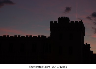 Silhouette of the tower of Lednice castle at sunset. The castle was inscribed on the UNESCO list in 1996. Lednice-Valtice area.