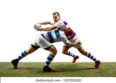 The silhouette of two caucasian rugby male players isolated on white background. Studio shot of fit men in motion or movement with ball. Jump and action concept. An incredible strain of all forces. - Powered by Shutterstock